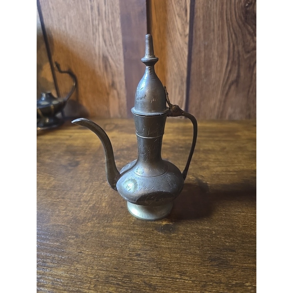 Vintage Indian Brass Hand Carved Tea Pot 11." Tall Signed by tool on bottom Ppwk